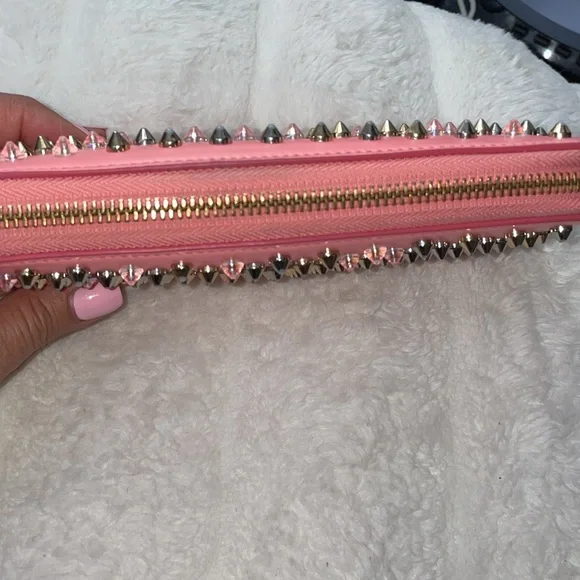 Christian Louboutin Pink Panettone Calfskin Leather Zip Around Wallet w/Studs
